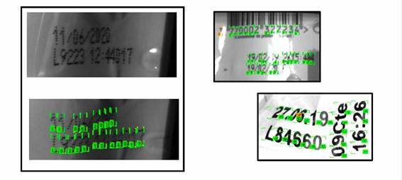 Ejemplos de lecturas OCR con Deep Learning sobre impresiones OCR de códigos torcidos, doblados, mal impresos, en superficies reflectantes de productos lácteos envasados.